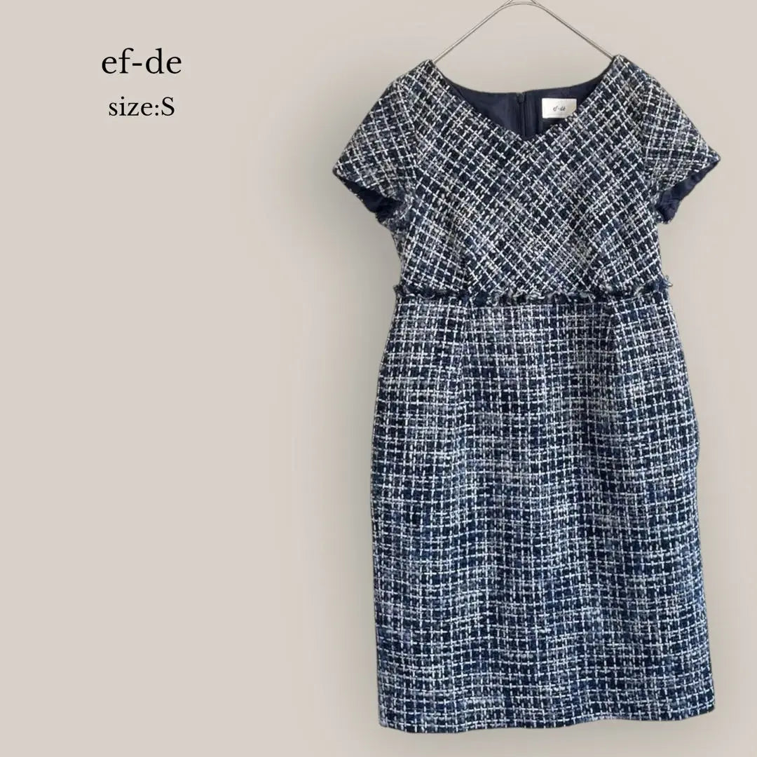 [F-de] Vestido ef-de tweed, largo hasta la rodilla, manga corta, azul, mezcla de lana | 【エフデ】ef-de ツイードワンピース 膝丈 半袖 ブルー ウール混