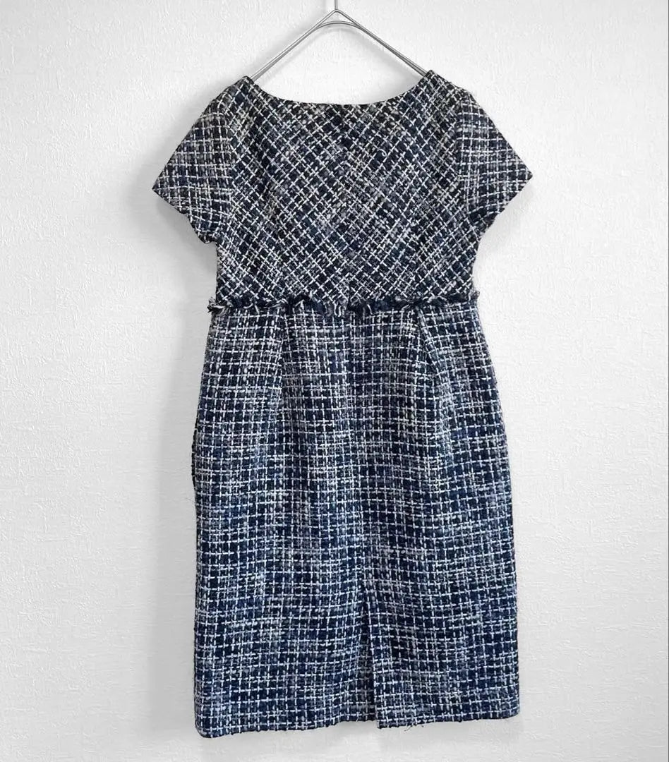 [F-de] ef-de tweed dress, knee length, short sleeves, blue, wool blend | 【エフデ】ef-de ツイードワンピース　膝丈　半袖　ブルー　ウール混