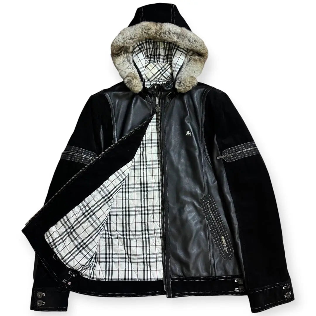 Burberry Black Label with Fur Nova Check Leather Jacket M