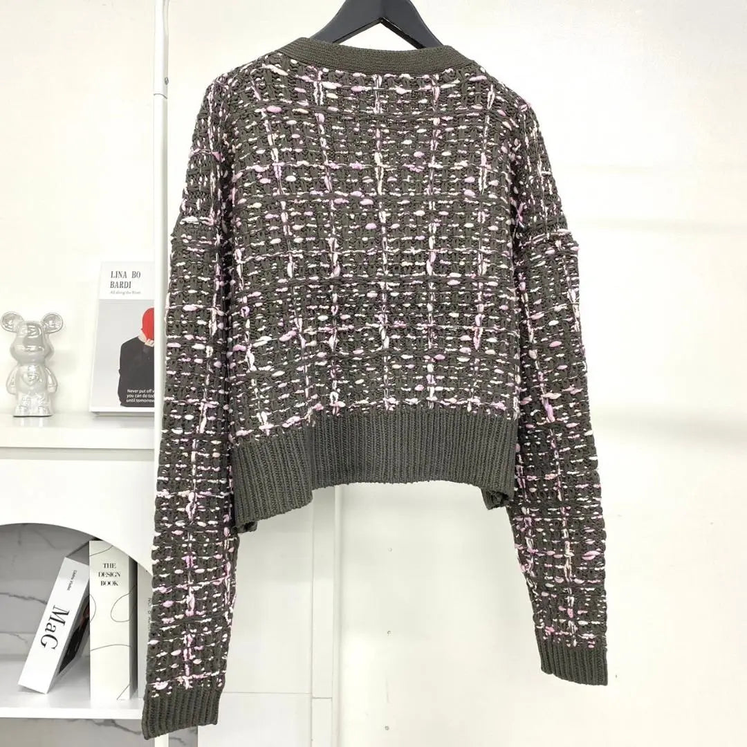 [TREFLE + 1] Tweed Cardigan Gray Pink Luxury Short Length | 【TREFLE＋1】　ツイードカーディガン グレー ピンク 高級 ショート丈