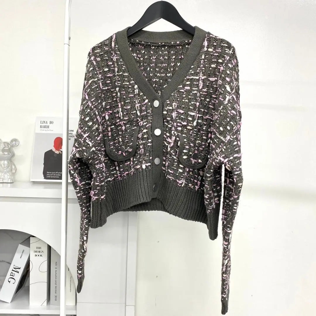 [TREFLE + 1] Tweed Cardigan Gray Pink Luxury Short Length | 【TREFLE＋1】　ツイードカーディガン グレー ピンク 高級 ショート丈