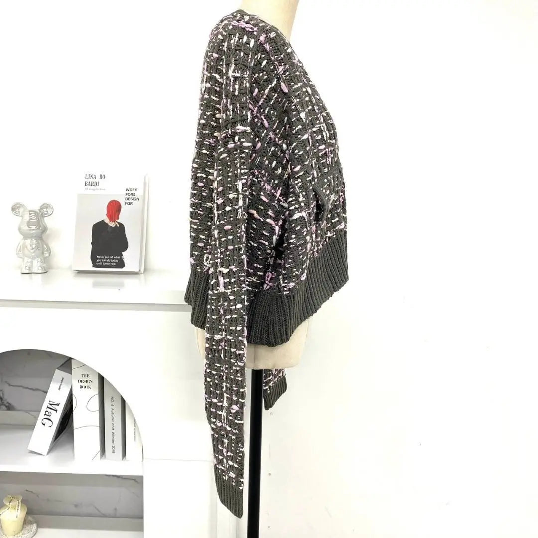 [TREFLE + 1] Tweed Cardigan Gray Pink Luxury Short Length | 【TREFLE＋1】　ツイードカーディガン グレー ピンク 高級 ショート丈