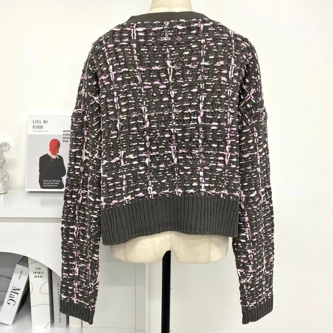 [TREFLE + 1] Tweed Cardigan Gray Pink Luxury Short Length | 【TREFLE＋1】　ツイードカーディガン グレー ピンク 高級 ショート丈