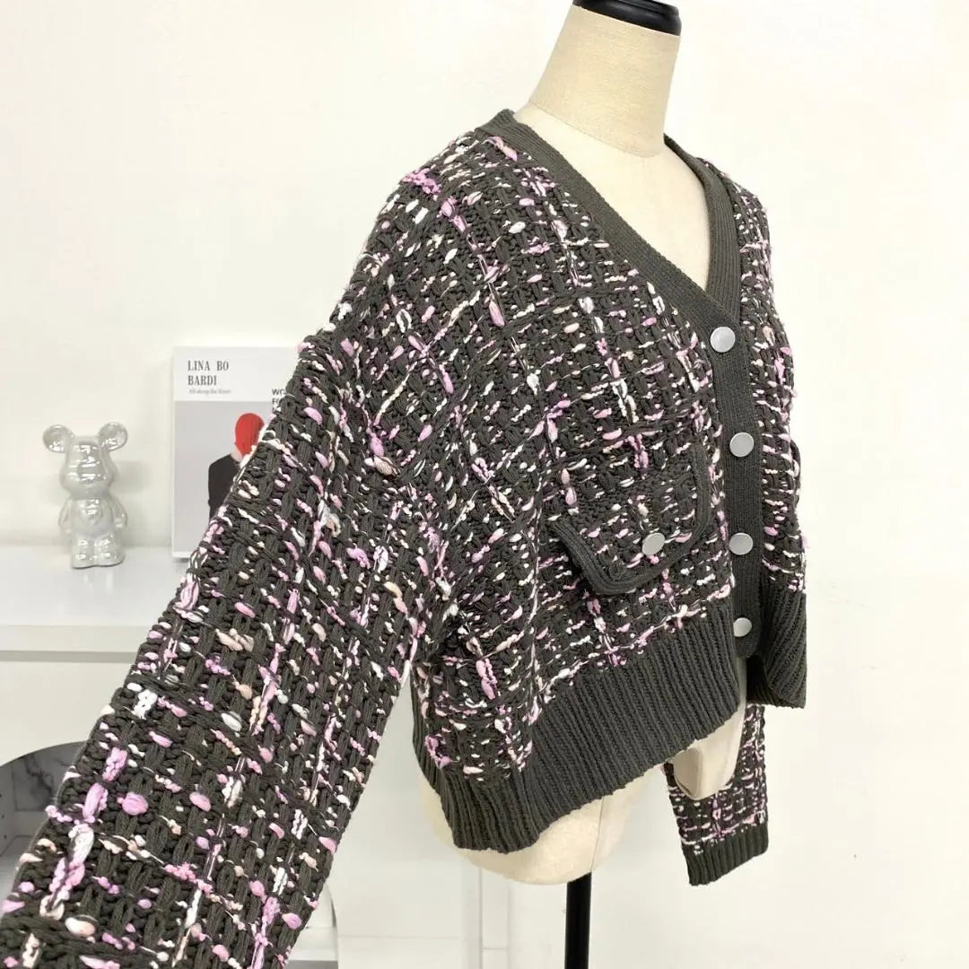 [TREFLE + 1] Tweed Cardigan Gray Pink Luxury Short Length | 【TREFLE＋1】　ツイードカーディガン グレー ピンク 高級 ショート丈