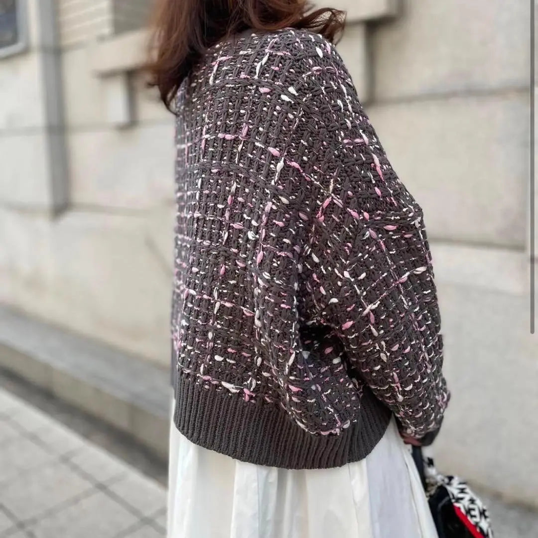 [TREFLE + 1] Tweed Cardigan Gray Pink Luxury Short Length | 【TREFLE＋1】　ツイードカーディガン グレー ピンク 高級 ショート丈