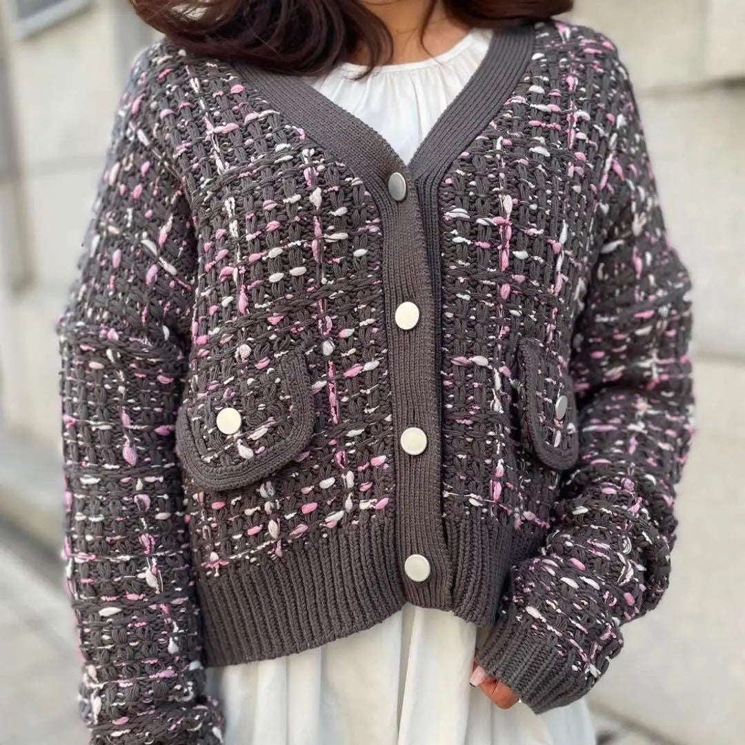 [TREFLE + 1] Tweed Cardigan Gray Pink Luxury Short Length | 【TREFLE＋1】　ツイードカーディガン グレー ピンク 高級 ショート丈