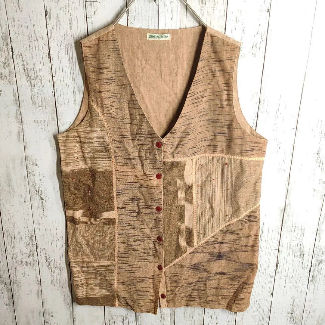 [Indian cotton] Ethnic vest L equivalent decoration patchwork beige