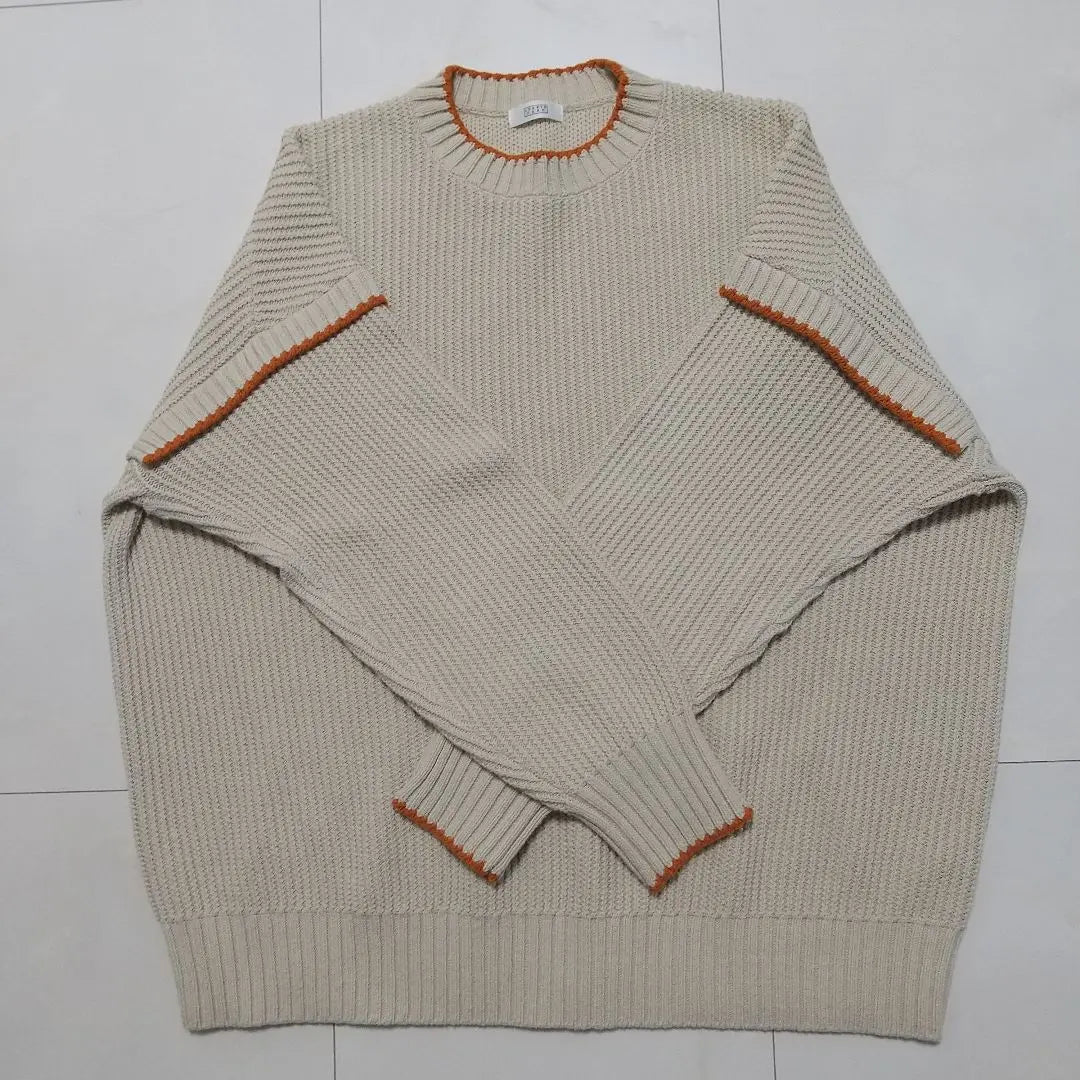 Cream Knit Sweater with Orange Accent Long Sleeve