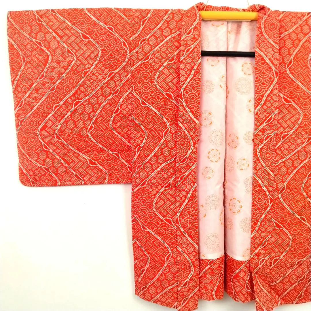 [Artículo extremadamente hermoso] Haori, patrón shibori, hilo de hilván incluido, patrón de ondas Qinghai, largo 80, manga 63.5, naranja