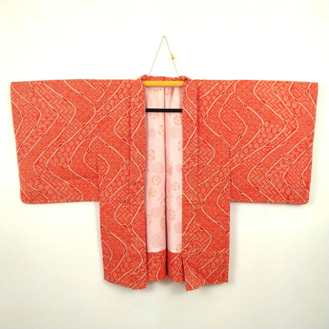 [Artículo extremadamente hermoso] Haori, patrón shibori, hilo de hilván incluido, patrón de ondas Qinghai, largo 80, manga 63.5, naranja