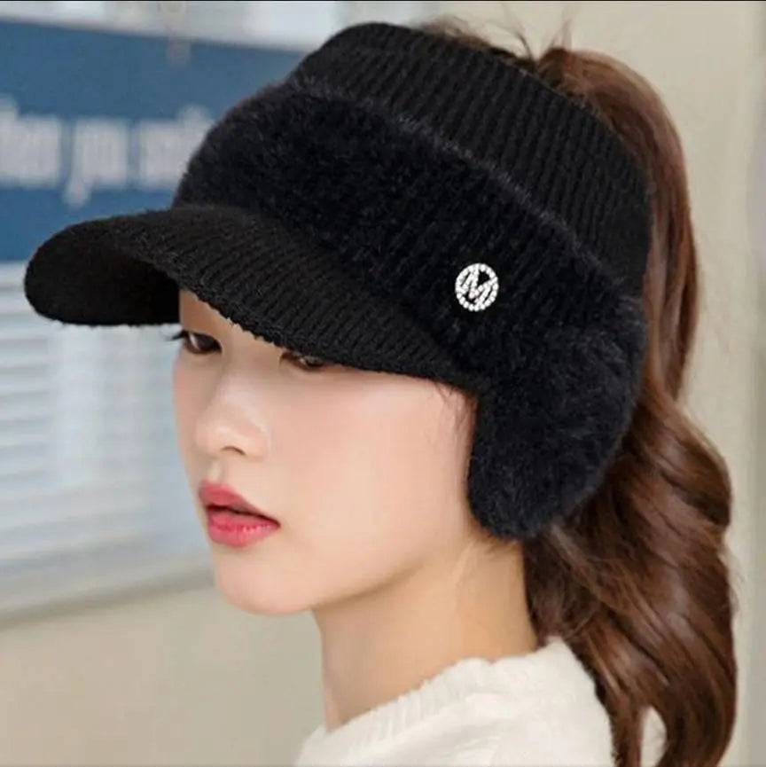 Sun visor★Black knit hat golf sports cold protection ear cover yarn fur