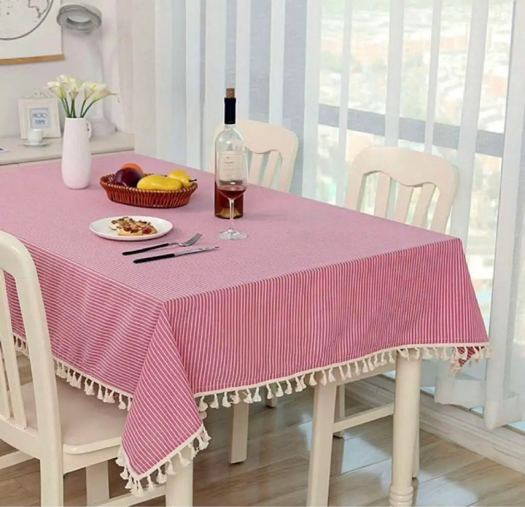 New red and white striped tablecloth with fringe