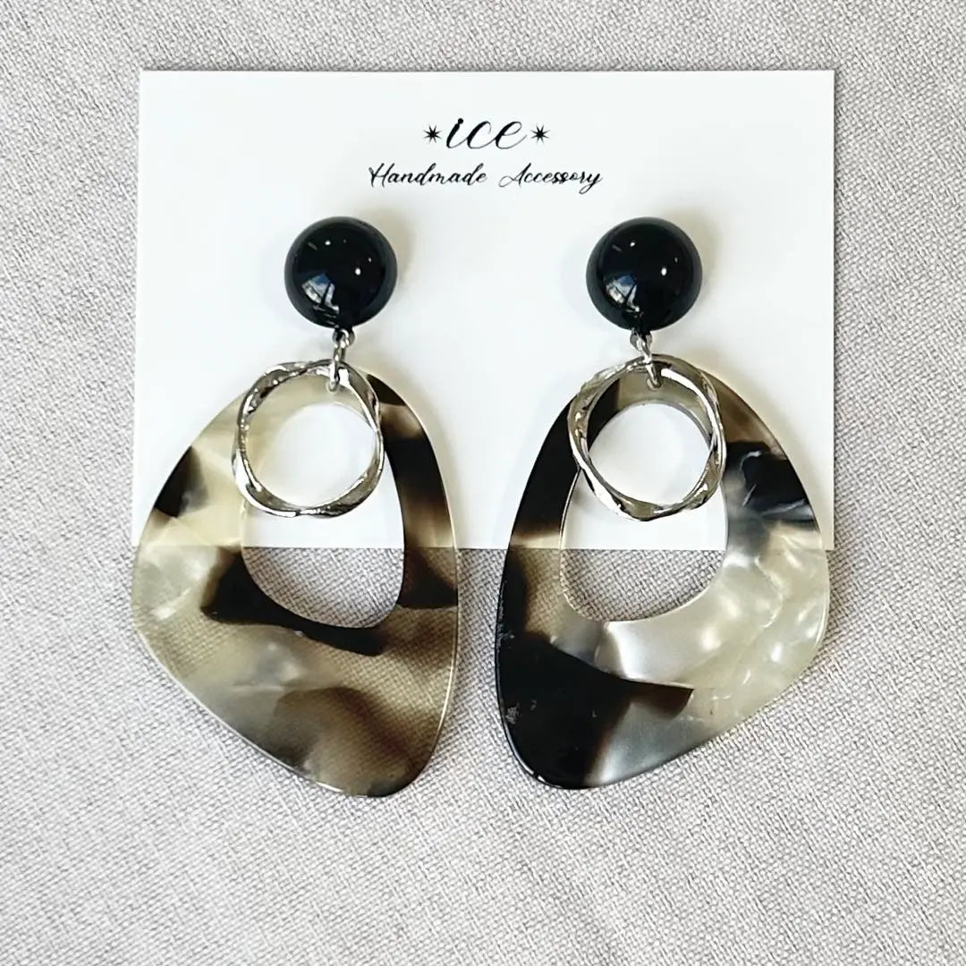 784◆Silver ring, tortoiseshell, black cabochon, large earrings, earrings