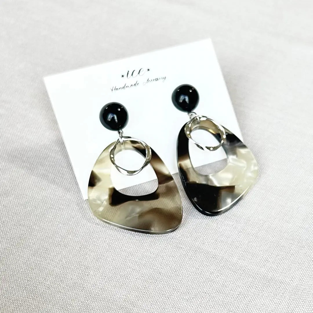 784◆Silver ring, tortoiseshell, black cabochon, large earrings, earrings