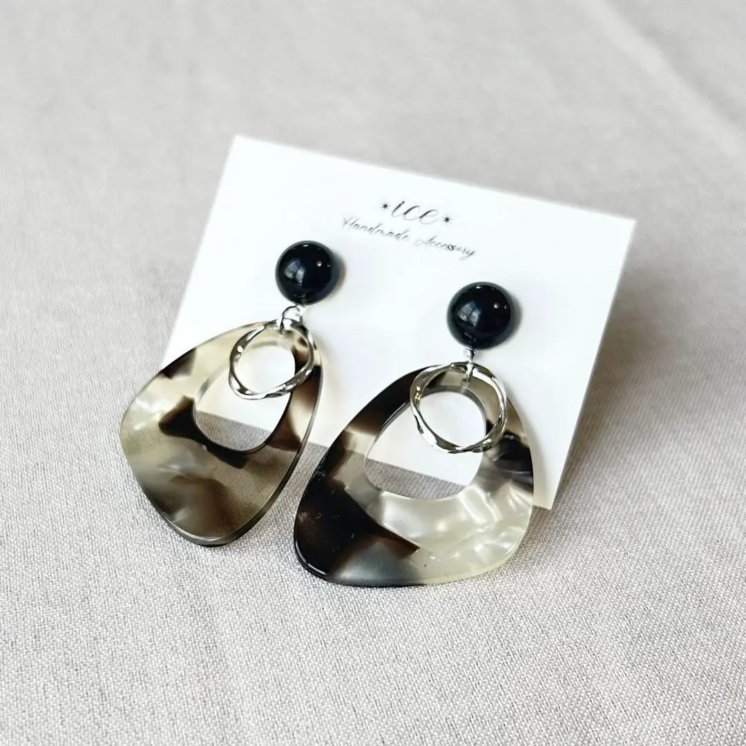 784◆Silver ring, tortoiseshell, black cabochon, large earrings, earrings