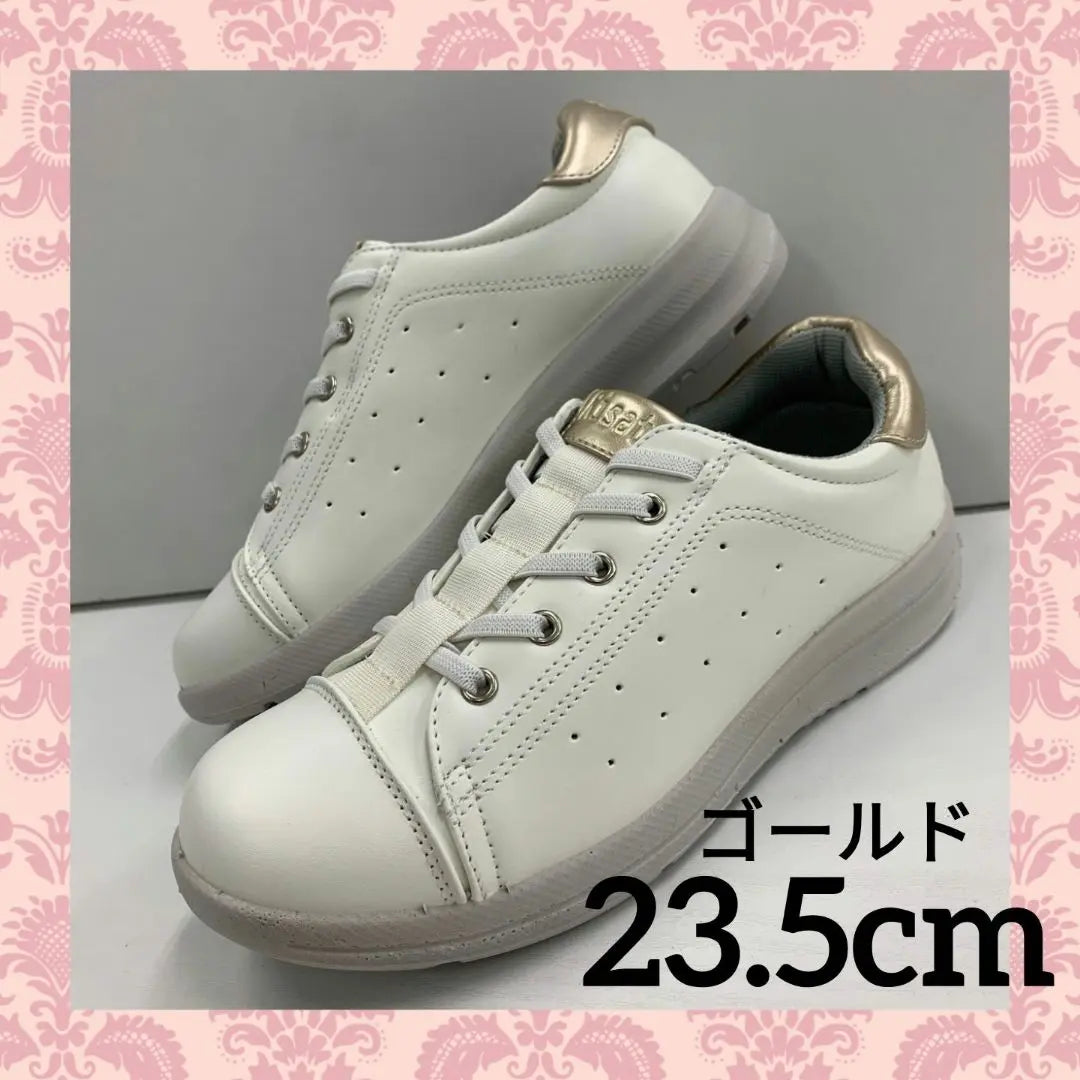 Damas♡Zapatos ligeros/anchos/sin cordones/23,5 cm/blancos x dorados