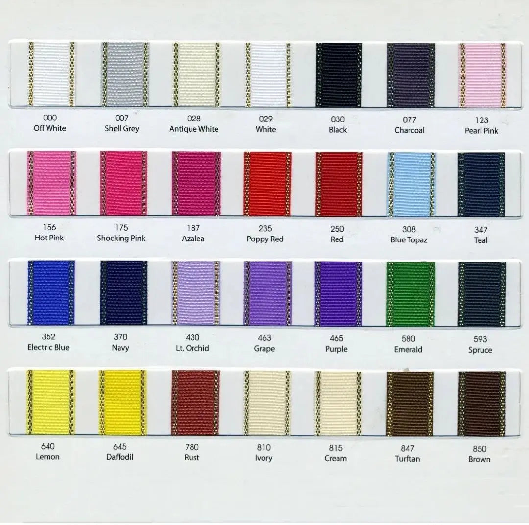 6mm, 9mm, 25mm, and 38mm gold line ribbons. Common order page, total of 28 colors