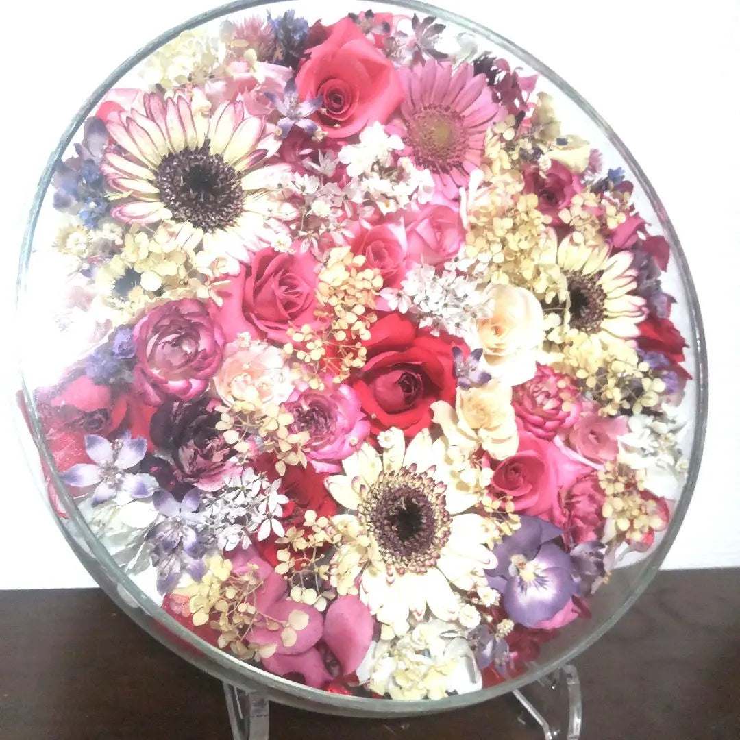 Arreglo circular de flores secas de unos 26 cm envoltorio de plato con imagen hecho a mano | ドライフラワー 円形アレンジメント 26cmハンドメイド絵皿立てラッピング付き