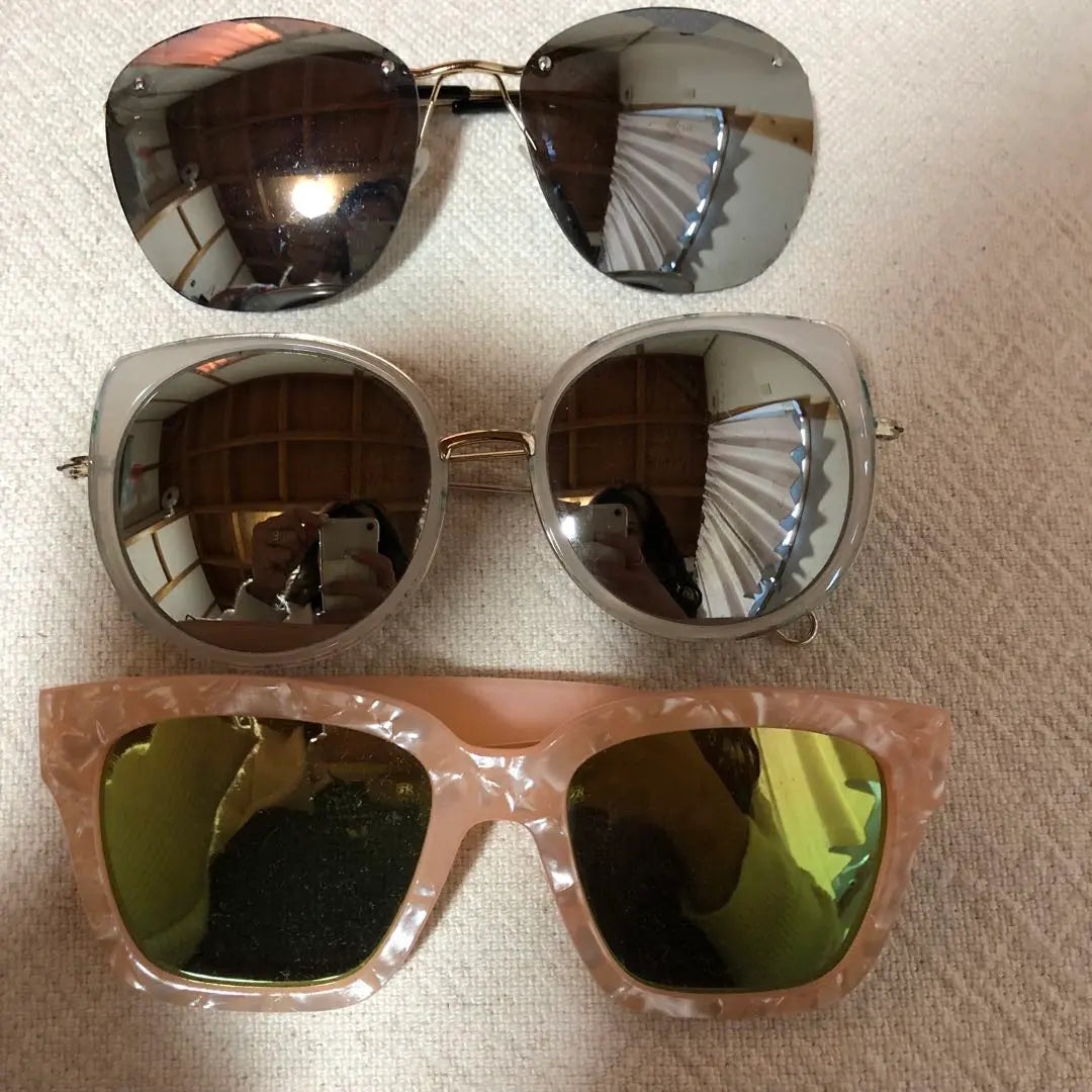 Mirrored lens sunglasses 3-piece set, sunglasses, glass sunglasses, mirror sunglasses