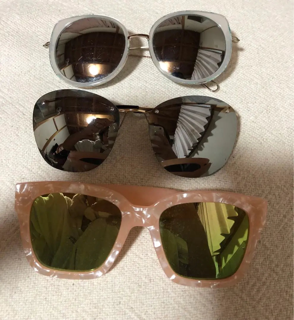 Mirrored lens sunglasses 3-piece set, sunglasses, glass sunglasses, mirror sunglasses