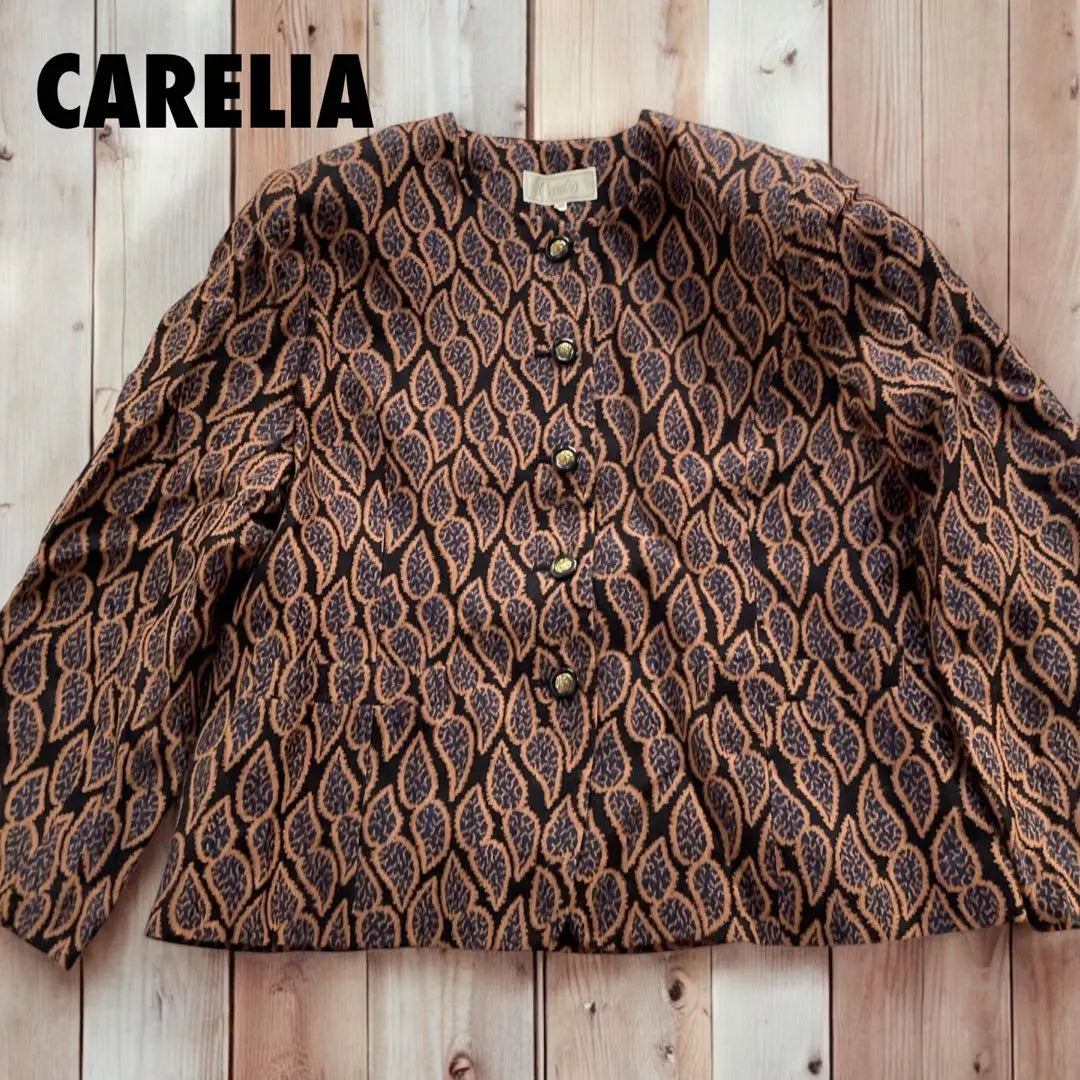 Belleza CARELIA Caleria Patrón Total Sin Color Chaqueta LL Talla 15 Ropa de Mujer | 美品CARELIAカレリア総柄ノーカラージャケットLLサイズ15号婦人服