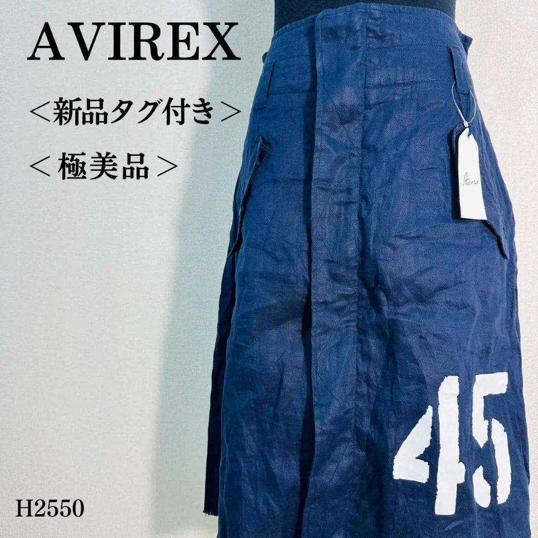 [New tag included] Avirex knee-length skirt with cut-off hem, 100% linen, Navy