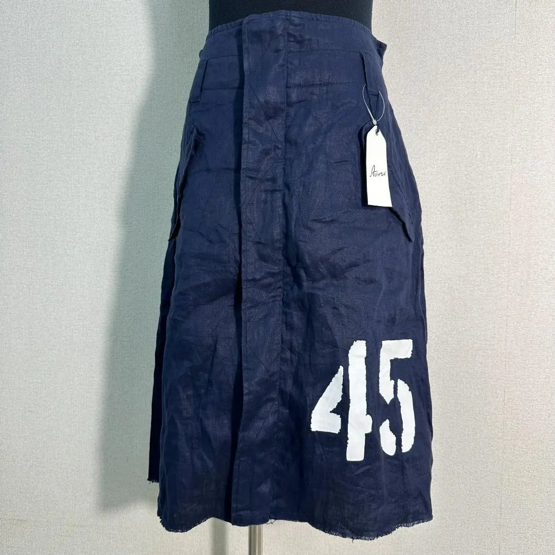 [New tag included] Avirex knee-length skirt with cut-off hem, 100% linen, Navy