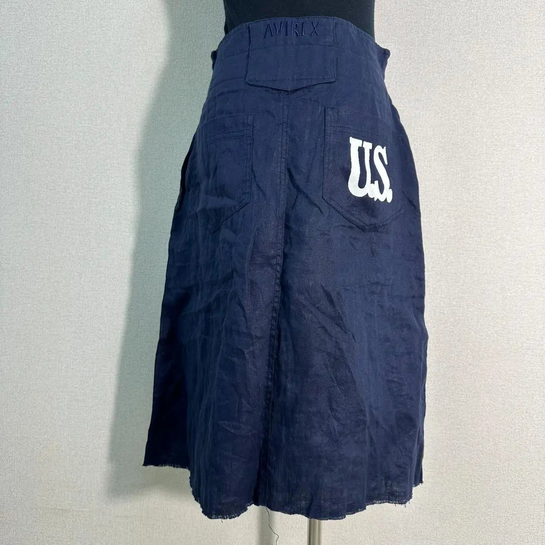 [New tag included] Avirex knee-length skirt with cut-off hem, 100% linen, Navy