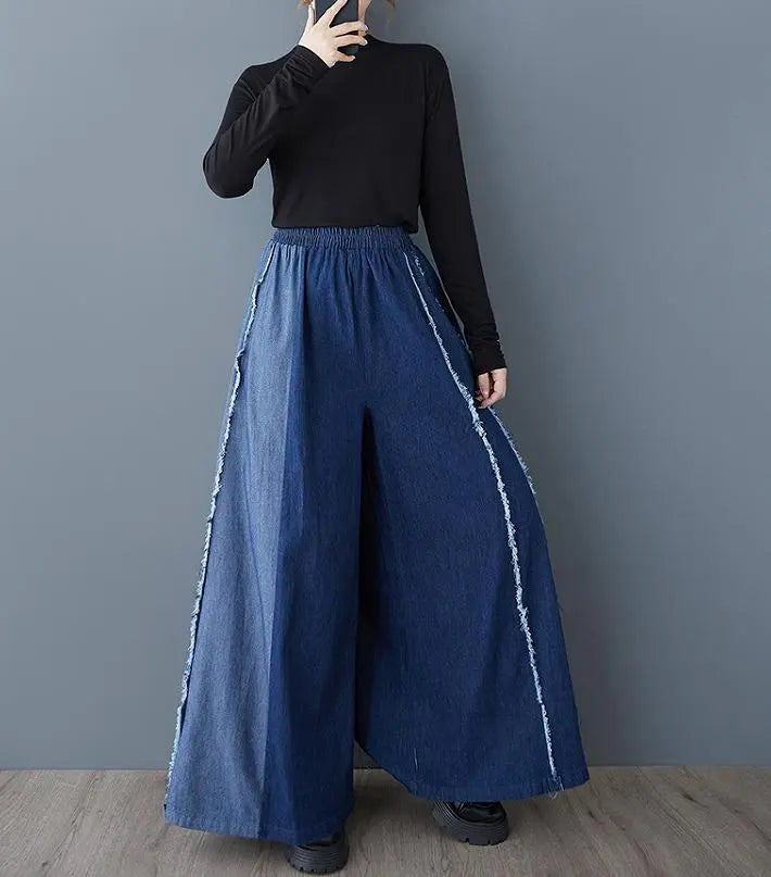 Large size pants, elastic waist, women's, new, denim, damaged, gaucho