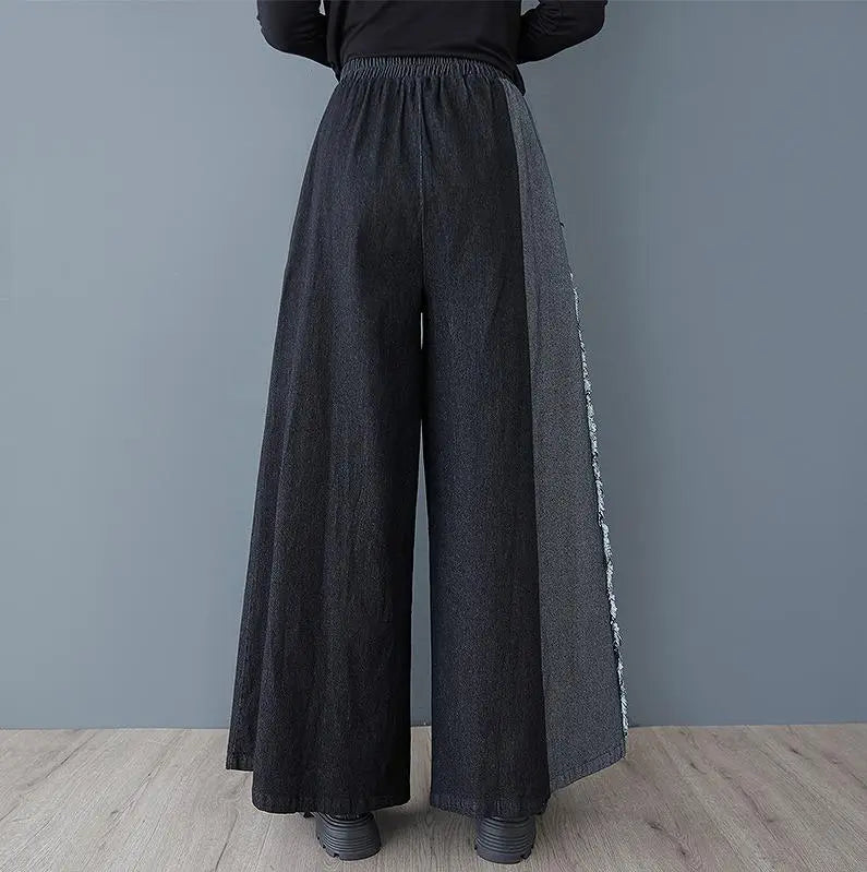 Large size pants, elastic waist, women's, new, denim, damaged, gaucho