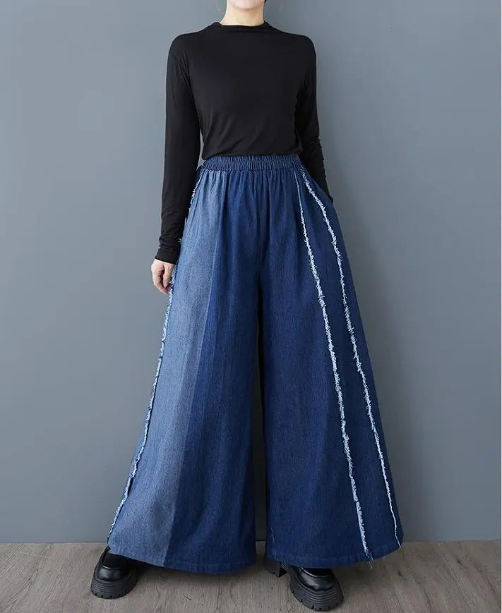 Large size pants, elastic waist, women's, new, denim, damaged, gaucho