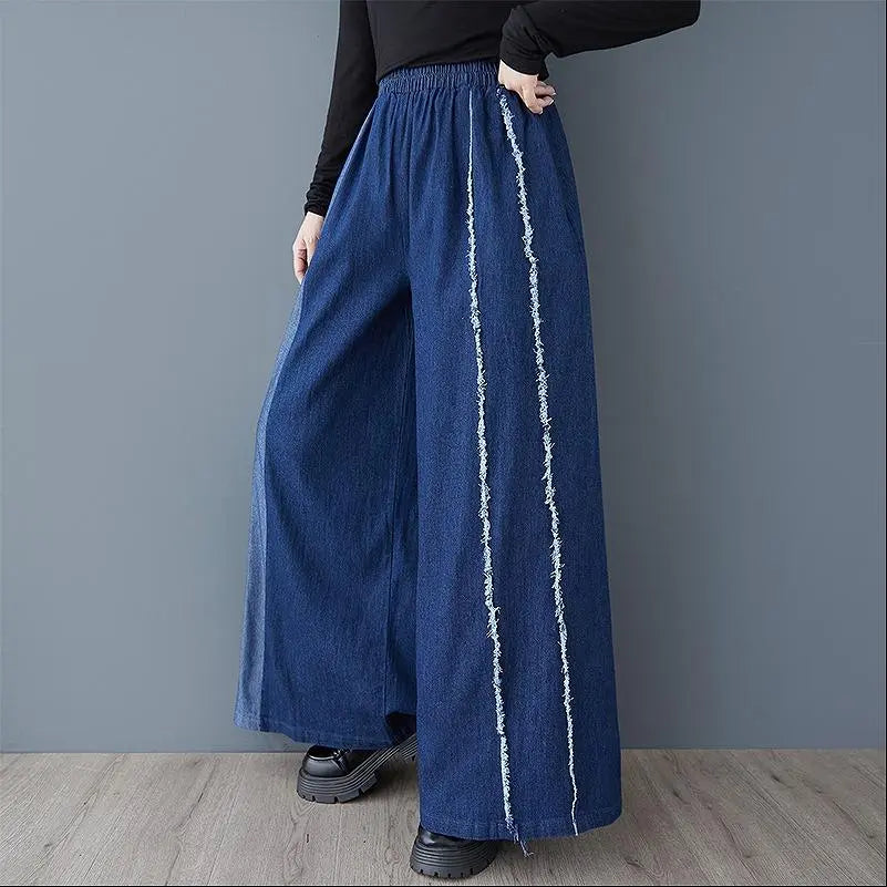 Large size pants, elastic waist, women's, new, denim, damaged, gaucho