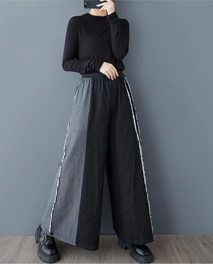 Large size pants, elastic waist, women's, new, denim, damaged, gaucho