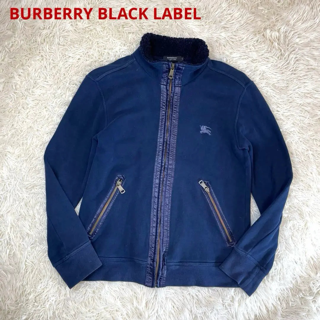 Burberry Black Label Navy Horse Logo Boa Zip-Up Sweatshirt