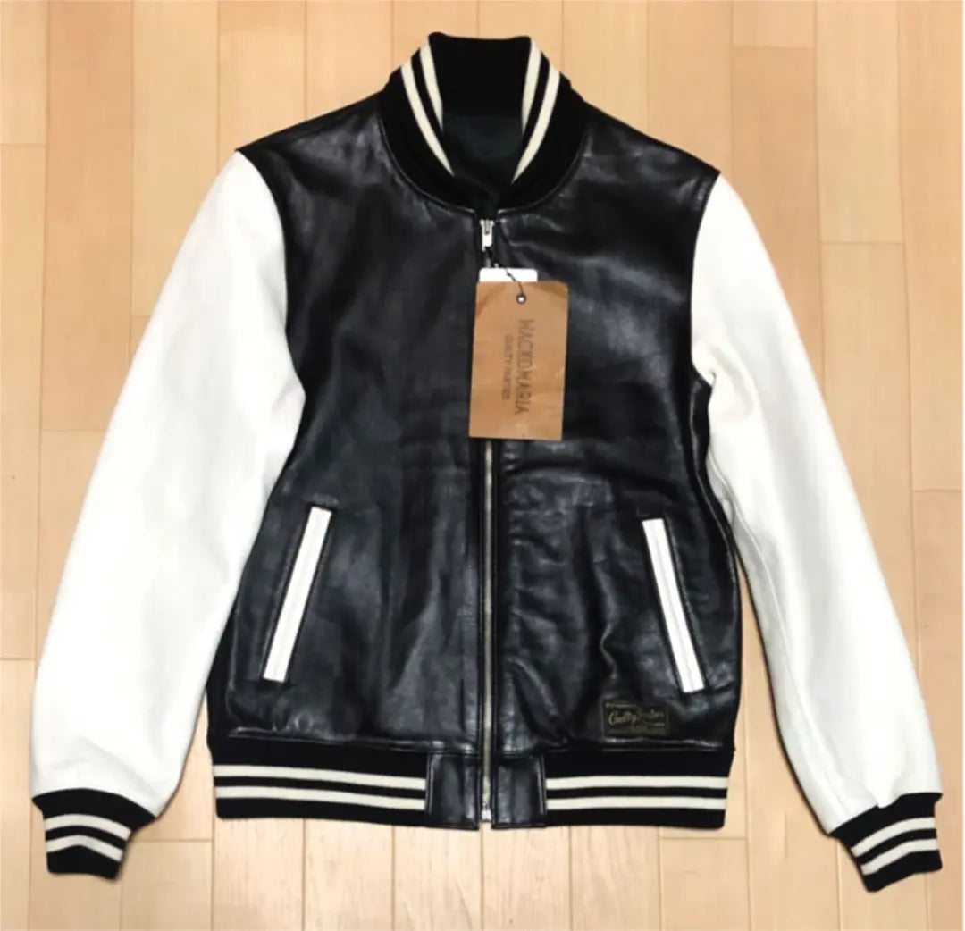 ★ Raro ★ Wakomaria All Leather Stadium Hombres M Negro Blanco Negro Blanco | ★希少★ワコマリア オールレザー スタジャン メンズM ブラックホワイト黒白