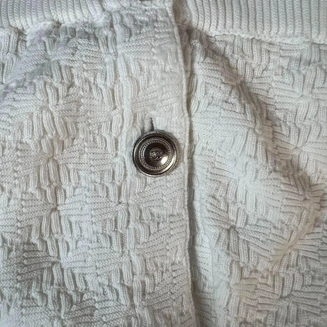 CHANEL Cardigan Jacquard Silver Button Coco Mark White 42