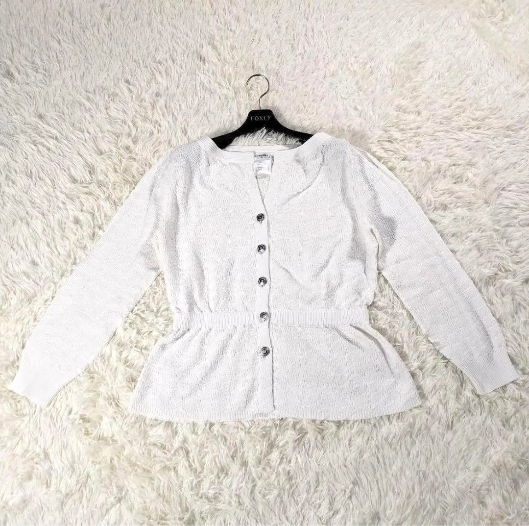 CHANEL Cardigan Jacquard Silver Button Coco Mark White 42