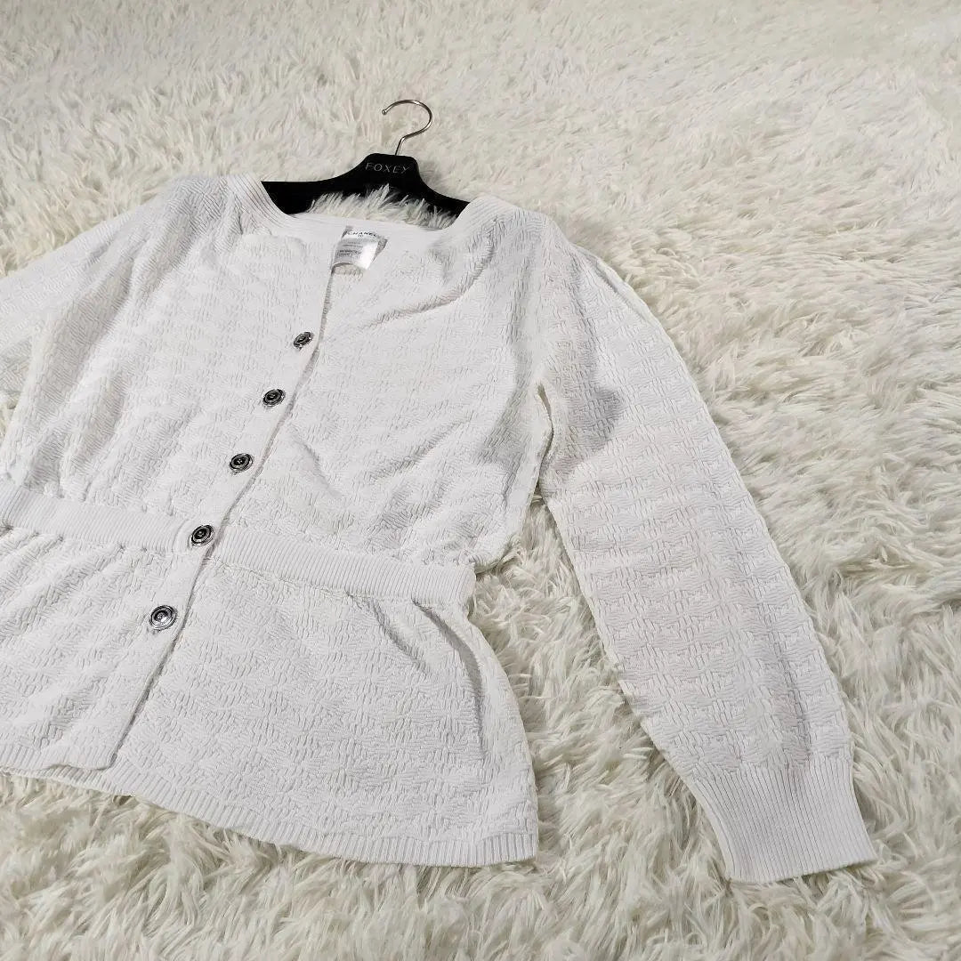 CHANEL Cardigan Jacquard Silver Button Coco Mark White 42