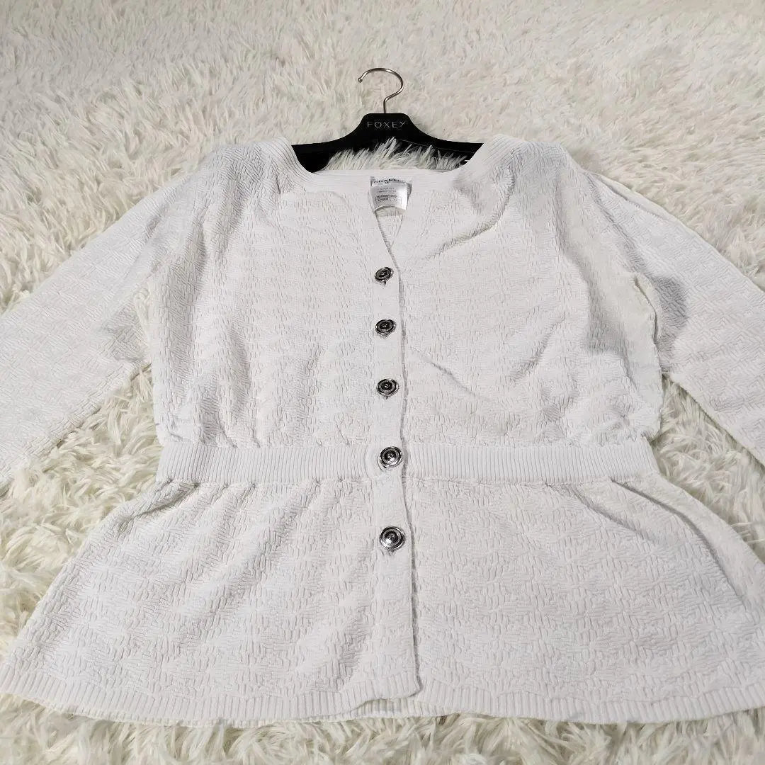 CHANEL Cardigan Jacquard Silver Button Coco Mark White 42