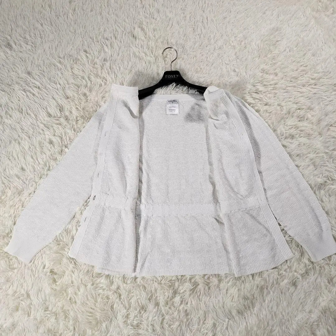 CHANEL Cardigan Jacquard Silver Button Coco Mark White 42