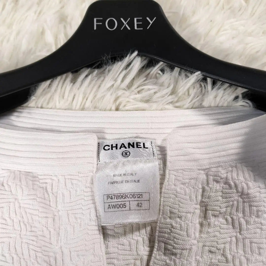 CHANEL Cardigan Jacquard Silver Button Coco Mark White 42