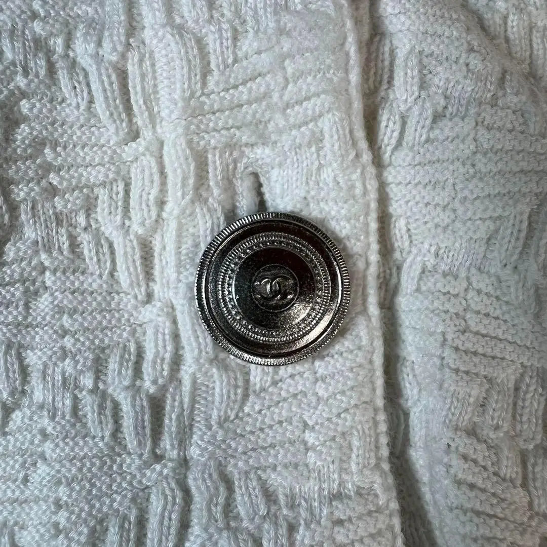 CHANEL Cardigan Jacquard Silver Button Coco Mark White 42