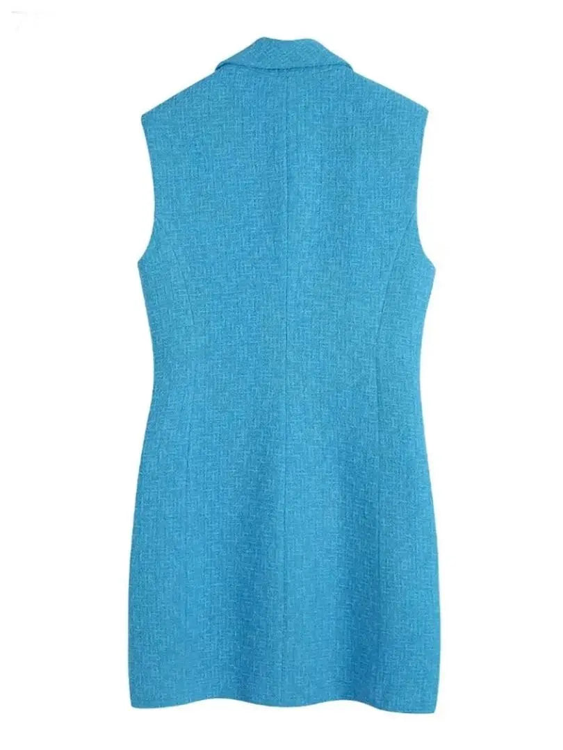 ZARA Light Blue Vest Gold Button Tweed Gilet Dress Sleeveless