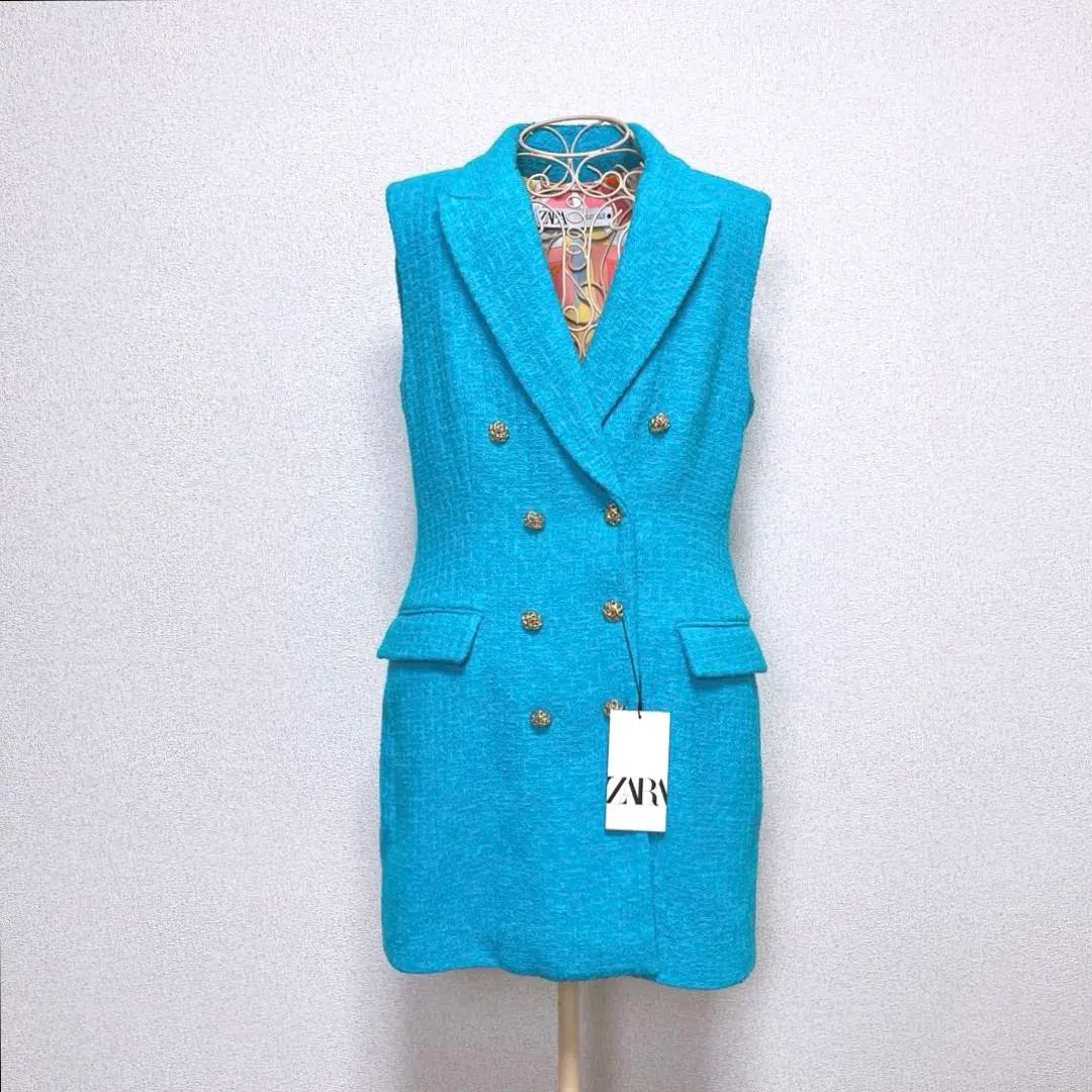 ZARA Light Blue Vest Gold Button Tweed Gilet Dress Sleeveless