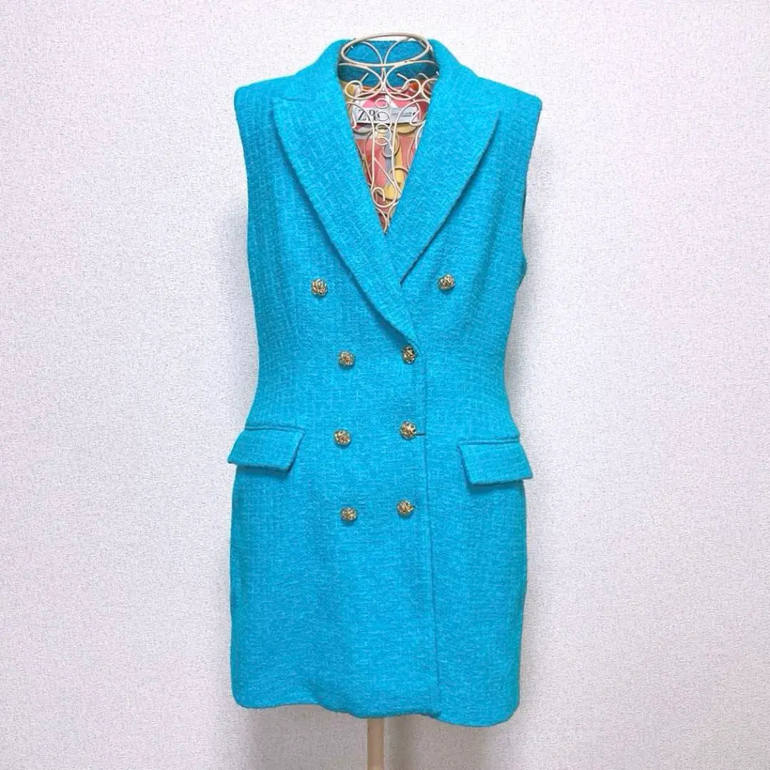 ZARA Light Blue Vest Gold Button Tweed Gilet Dress Sleeveless