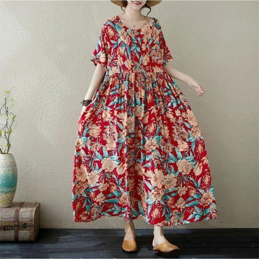 [Large size] Ladies Long One Piece Spring / Summer Autumn New Short Sleeve Flowers