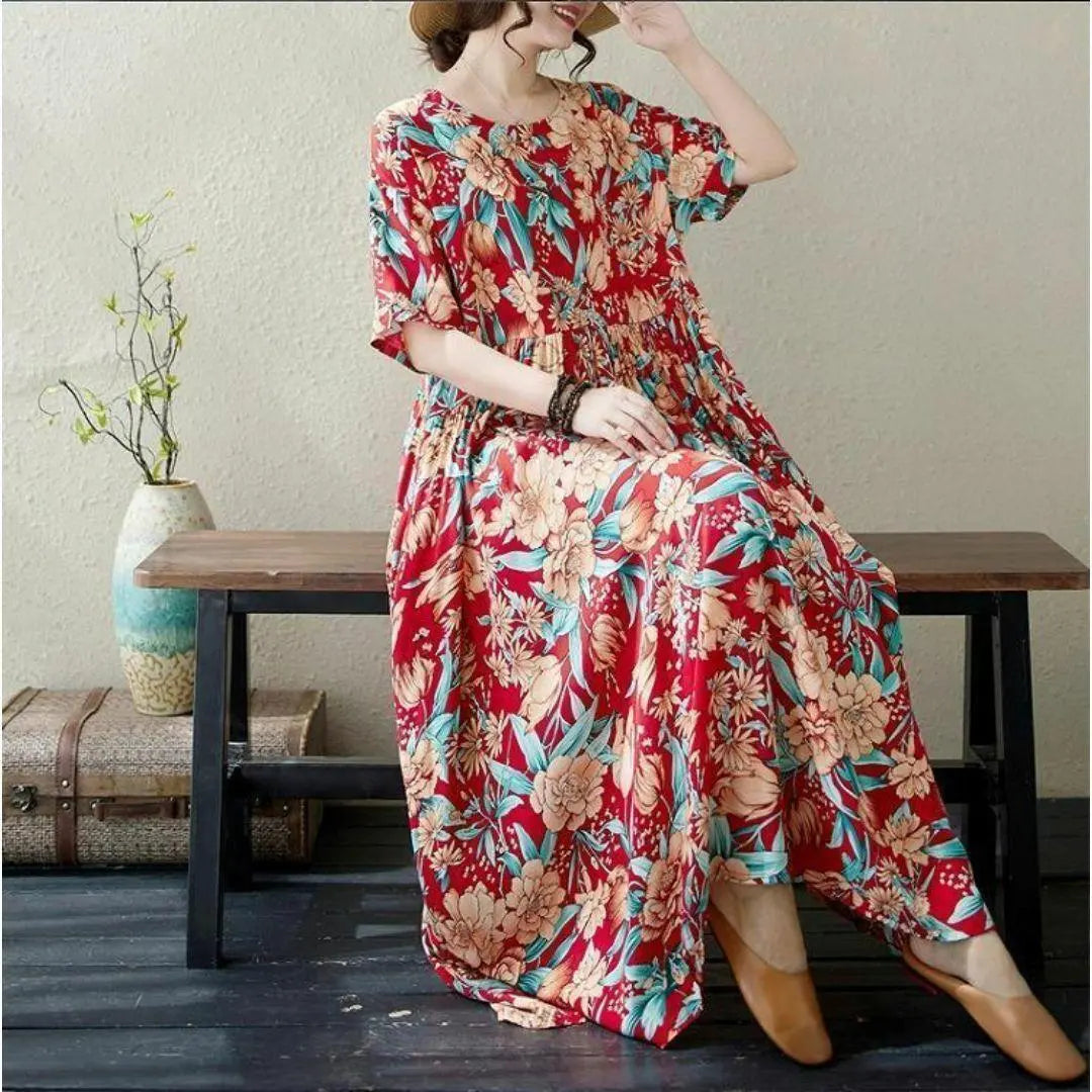 [Large size] Ladies Long One Piece Spring / Summer Autumn New Short Sleeve Flowers