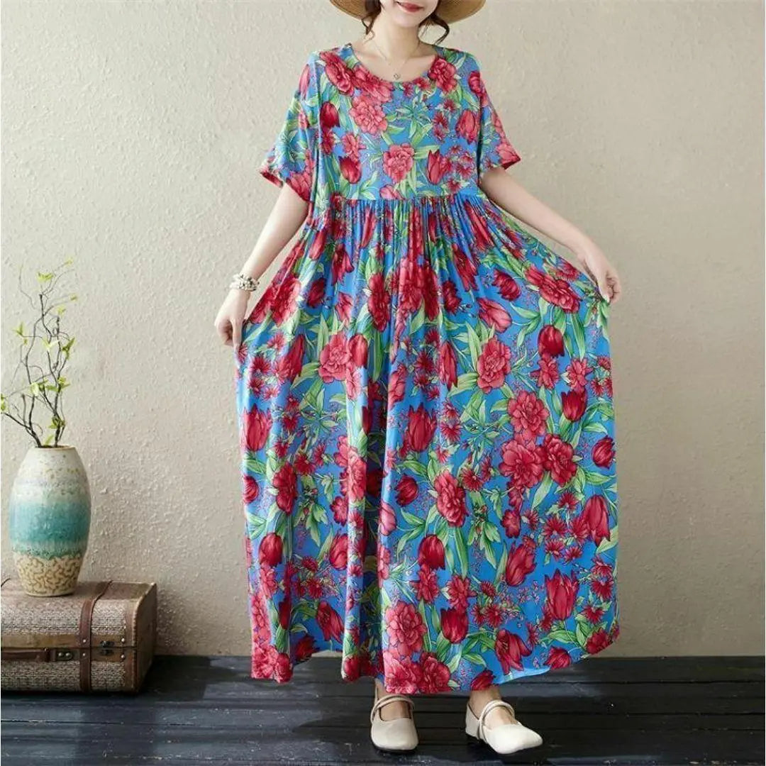 [Large size] Ladies Long One Piece Spring / Summer Autumn New Short Sleeve Flowers