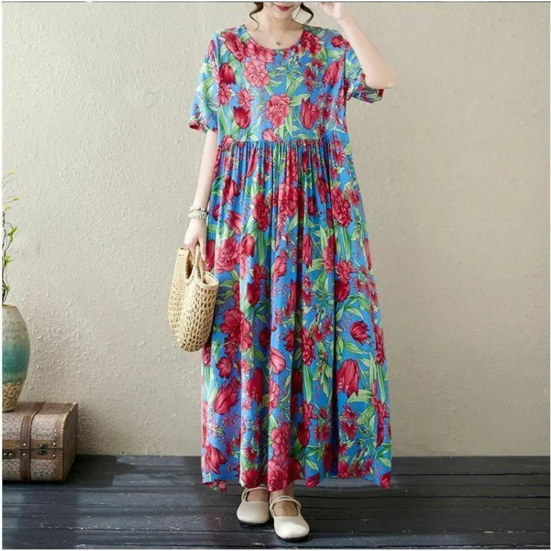 [Large size] Ladies Long One Piece Spring / Summer Autumn New Short Sleeve Flowers