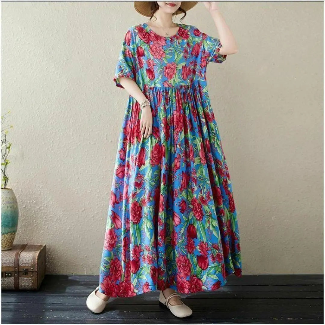 [Large size] Ladies Long One Piece Spring / Summer Autumn New Short Sleeve Flowers